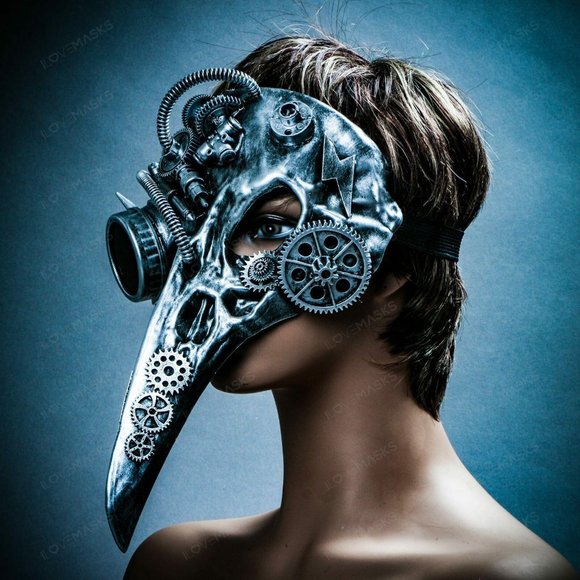 Silver Raven Skull Nose Steampunk Halloween Mask - Picture 4 of 10